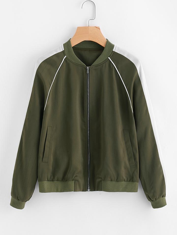 Shein Contrast Panel Tipping Detail Raglan Sleeve Bomber Jacket