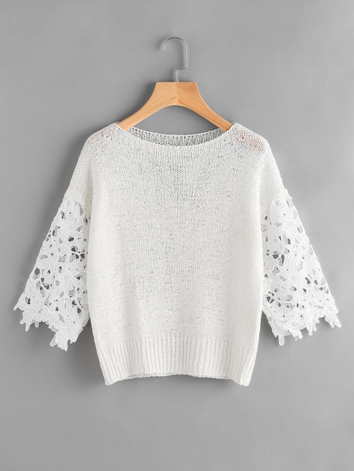 Shein Contrast Lace Sleeve Crochet Top