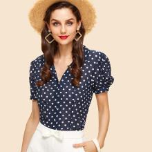Shein Puff Sleeve Fitted Polka Dot Blouse