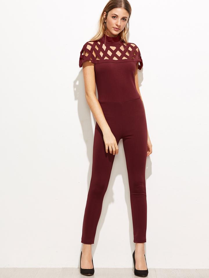 Shein Laser Cut Out Zipper Back Skinny Jumpsuit