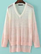 Shein Ombre V Neck Hollow Dipped Hem Sweater