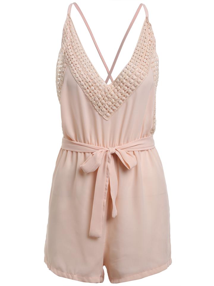 Shein Crochet V-neck Crisscross Back Tied Waist Jumpsuit