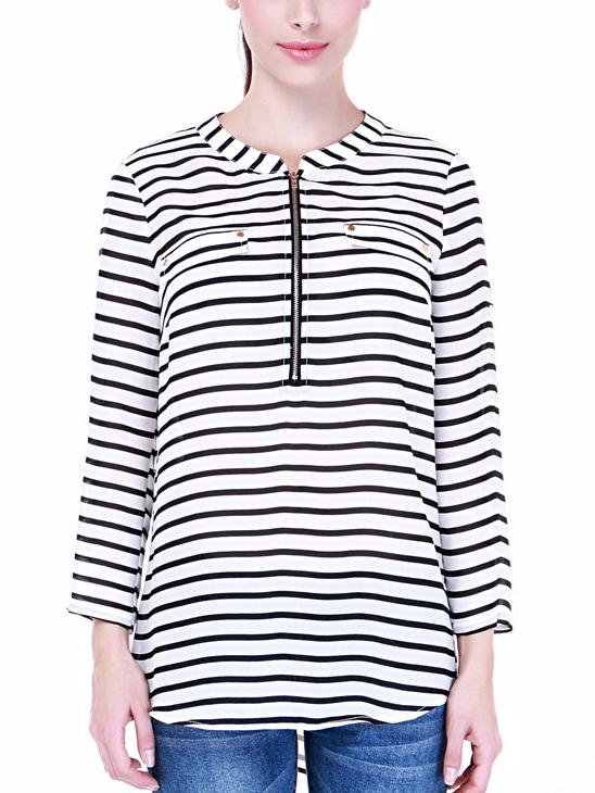 Shein Black White Striped Chiffon Blouse With Zipper