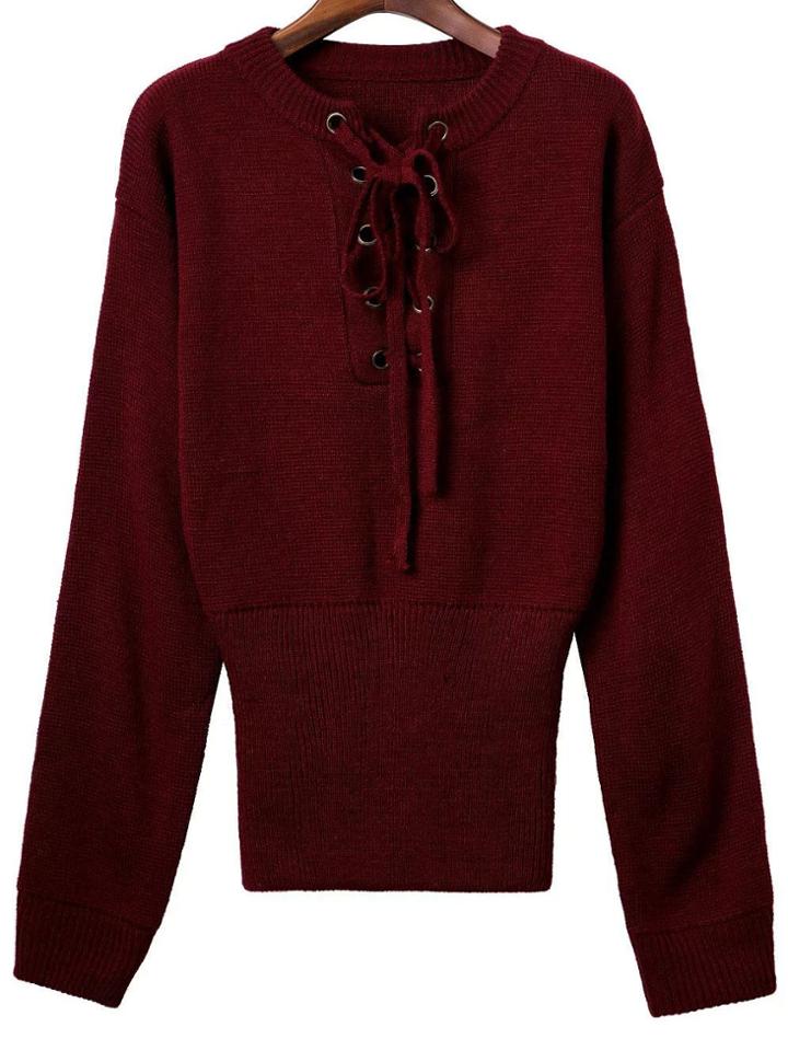 Shein Burgundy Ribbed Cuff Wide Hem Lace Up Sweater