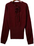 Shein Burgundy Ribbed Cuff Wide Hem Lace Up Sweater