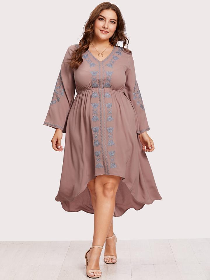 Shein Embroidered Elastic Waist Dip Hem Dress