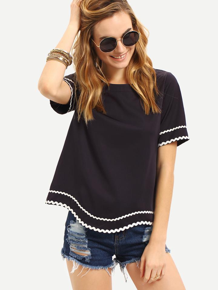 Shein Waved Print Trim Short Sleeve Blouse
