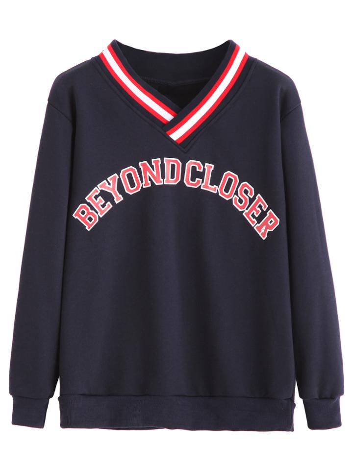 Shein Navy Letter Print Contrast Striped Sweatshirt