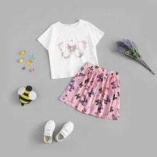 Shein Girls Butterfly Print Top & Skirt Set
