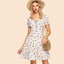 Shein Puff Sleeve Half Placket Calico Dress