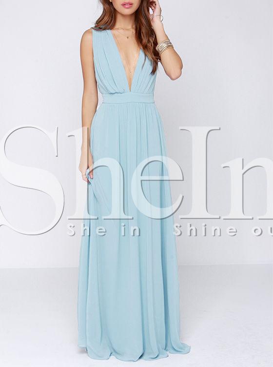 Shein Blue Periwinkle Deep V Neck Backless Maxi Dress