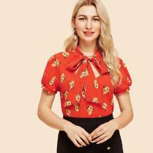 Shein Daisy Print Tied Neck Blouse