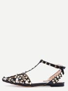 Shein Black Almond Toe Studded T-strap Flats
