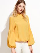 Shein Yellow Keyhole Mock Neck Pleated Lantern Sleeve Blouse