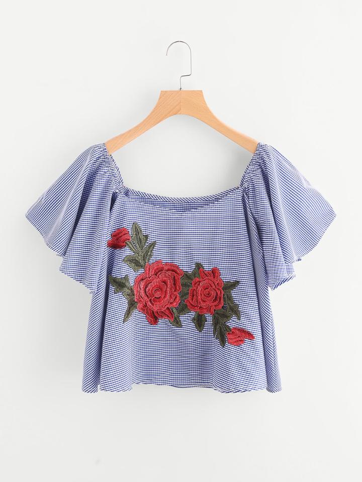 Shein Boat Neckline Embroidered Appliques Gingham Top
