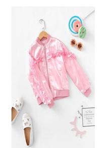 Shein Girls Zip Front Ruffle Detail Pocket Jacket