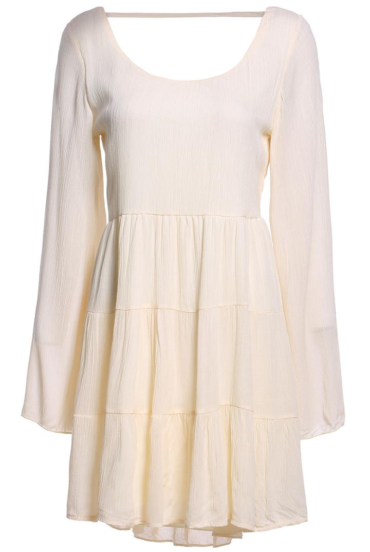Shein White Long Sleeve Backless Crystals Rhinestones Loose Pleated Dress
