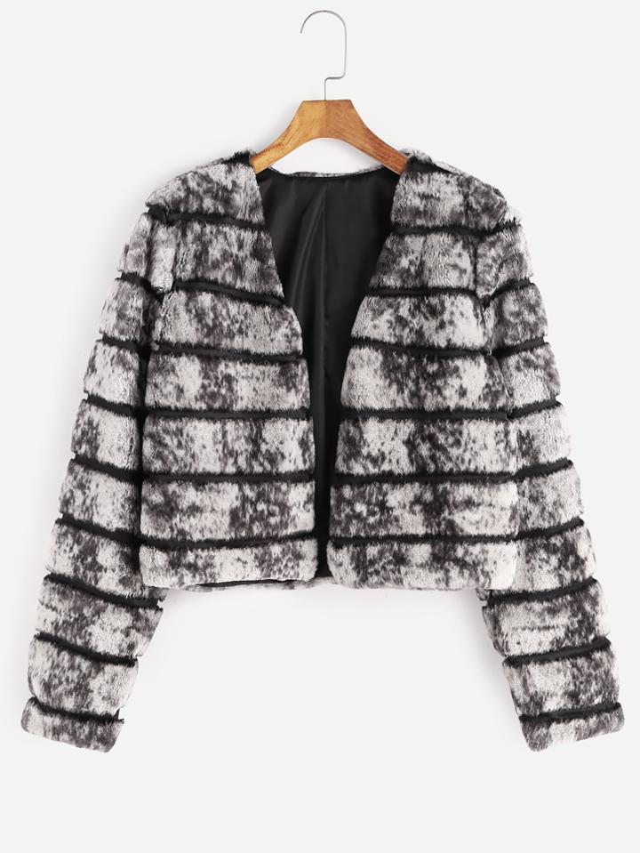 Shein Grey Striped Faux Fur Collarless Coat