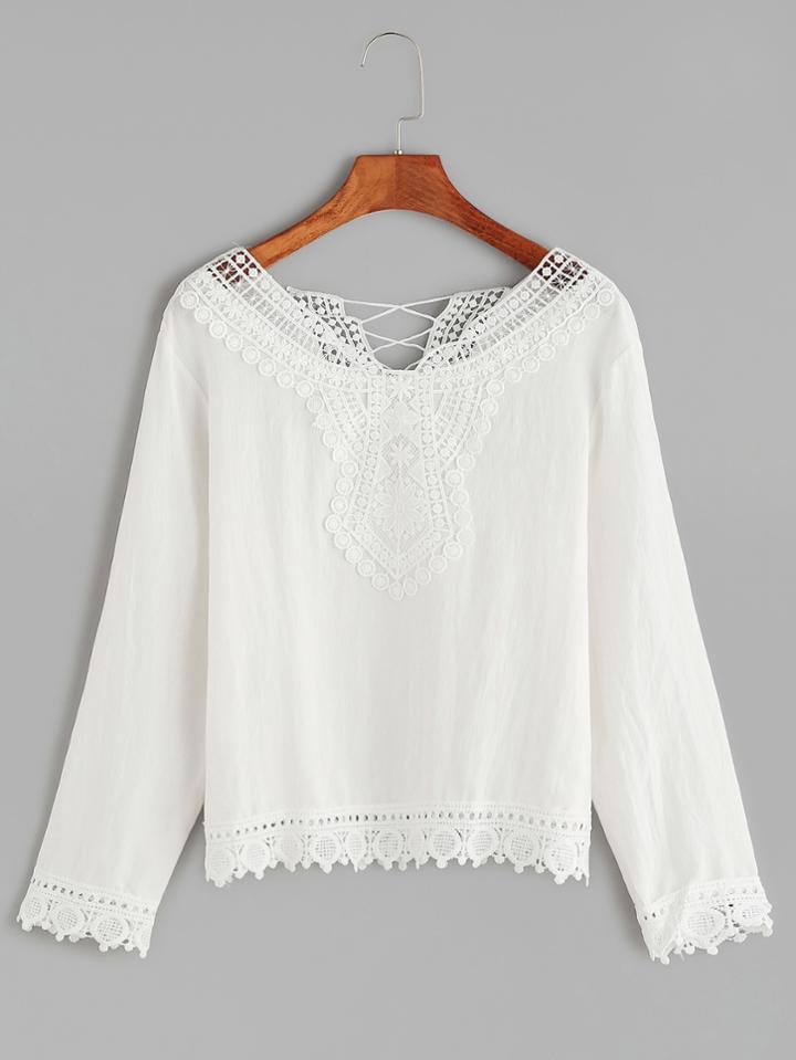 Shein White Contrast Crochet Trim Blouse