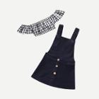 Shein Girls Gingham Crop Top With Denim Overall Skirt