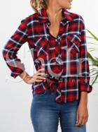 Shein Red Long Sleeve Preppy Appropriately Plaid Blouse