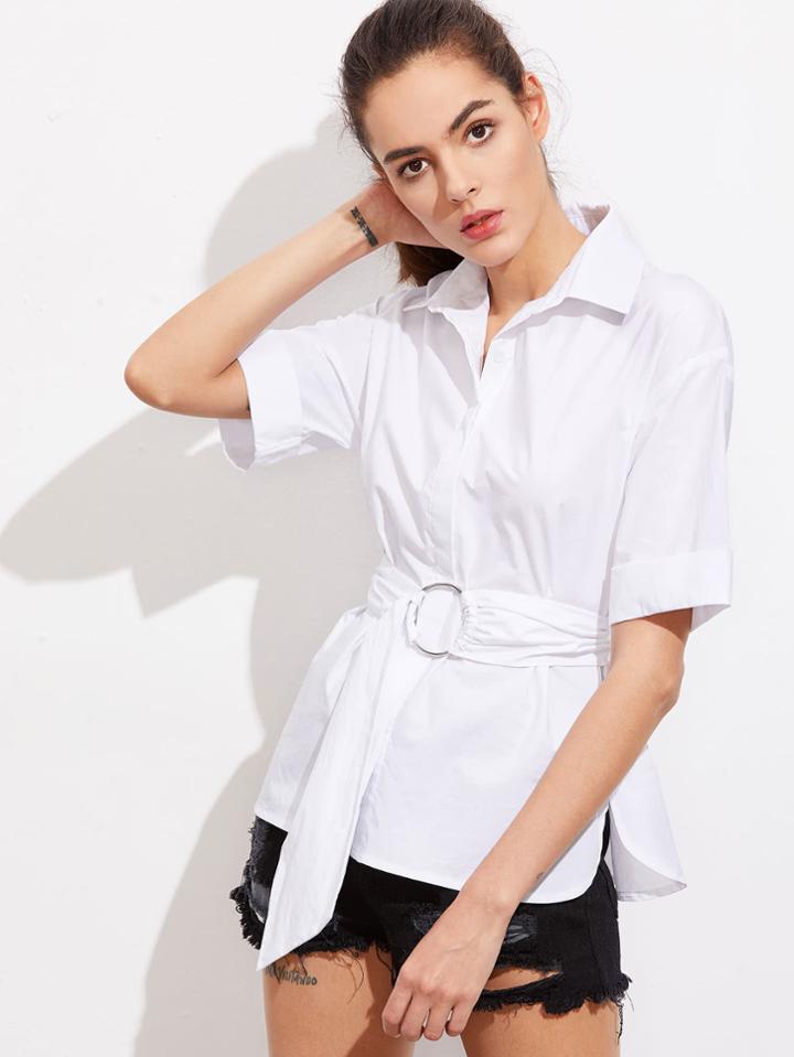 Shein Roll Cuff Hidden Placket Dolphin Hem Shirt With O-ring Belt