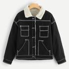 Shein Stitch Detail Shearling Lined Denim Jacket With Borg Collar