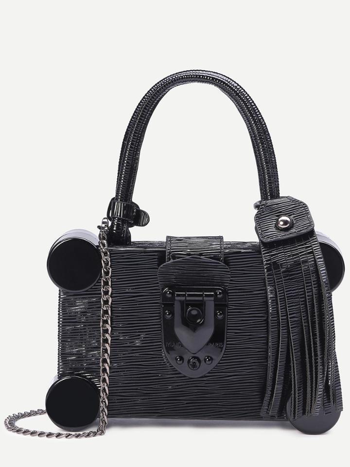 Shein Black Round Plastic Trim Fringe Charm Box Bag