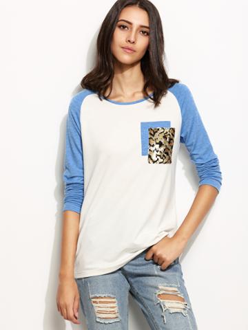 Shein White Contrast Raglan Sleeve T-shirt With Sequin Detail