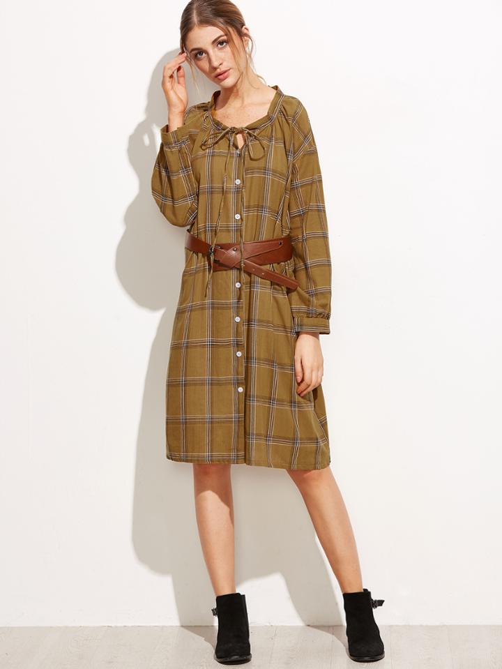 Shein Khaki Lace Up Plaid Shirt Dress