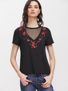Shein Black Mesh V Neck Embroidered Blossom  Applique T-shirt