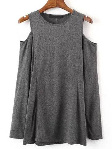 Shein Dark Grey Cold Shoulder Crew Neck T-shirt