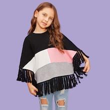 Shein Girls Color Block Fringe Hem Cape Coat