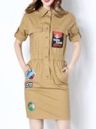 Shein Khaki Lapel Embroidered Elastic-waist Pockets Sheath Dress