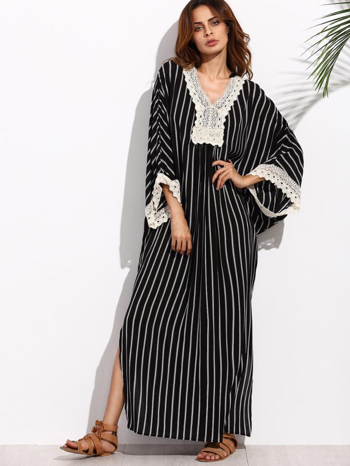 Shein Black And White Stripe Appliques V Neck Maxi Dress