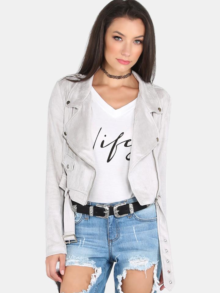 Shein Cropped Suede Biker Jacket Light Grey