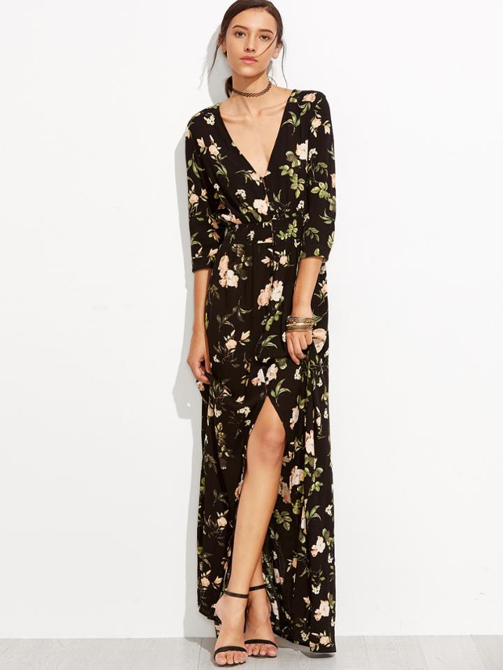 Shein Plunging V-neckline Florals Buttons Front Dress