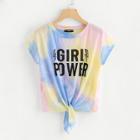 Shein Letter Print Knot Front Tie Dye Tee