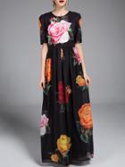 Shein Black Rose Print Maxi Dress