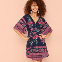 Shein Flower Print Belted Wrap Dress