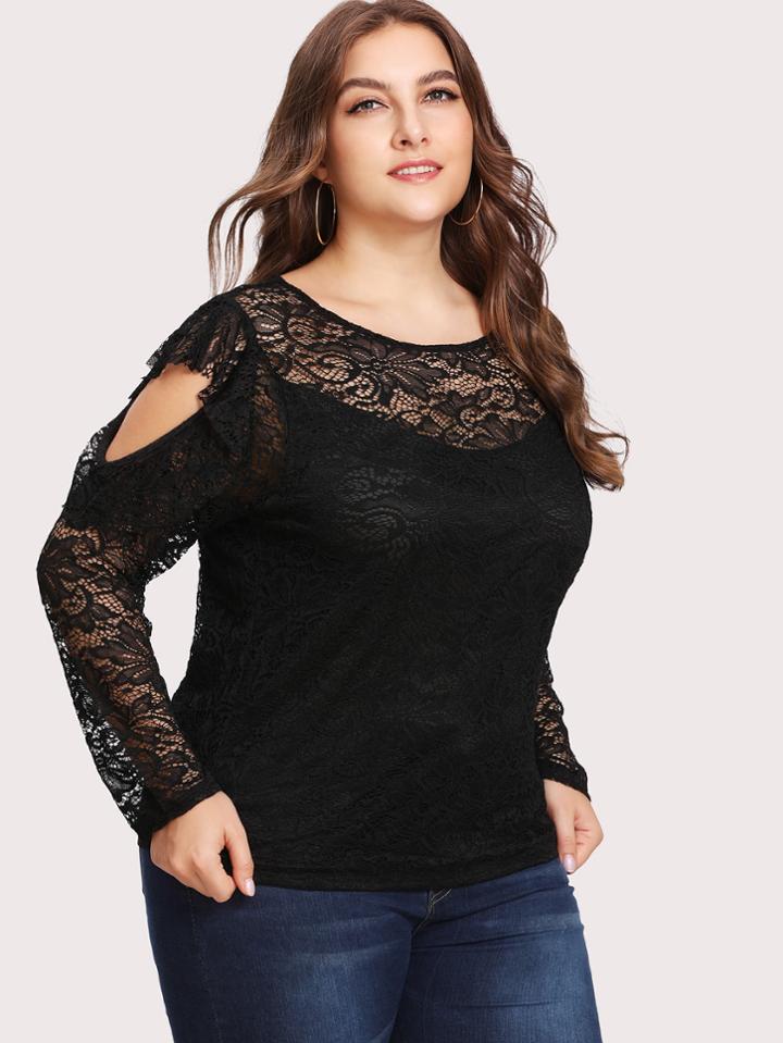 Shein Open Shoulder Frill Trim Lace Top