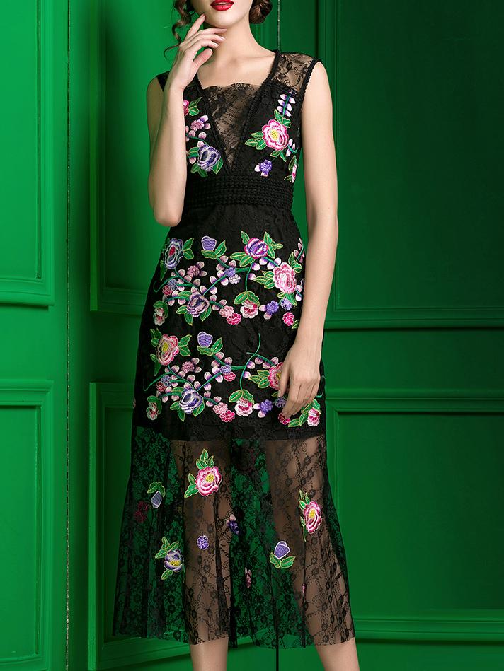 Shein Black Boat Neck Sheer Gauze Embroidered Dress