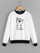 Shein Contrast Trim Cat Print Pullover