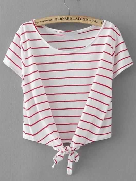 Shein White Striped Knot Detail T-shirt