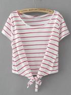 Shein White Striped Knot Detail T-shirt