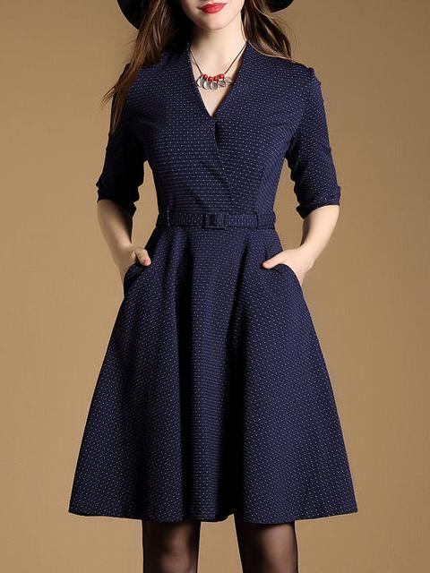Shein Navy V Neck Belted A-line Dress