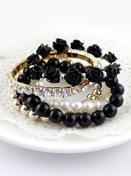 Shein Black Multilayer Bead Flower Bracelet