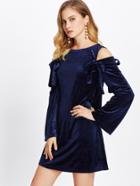 Shein Bow Tie Open Shoulder Fluted Sleeve Velvet Dress
