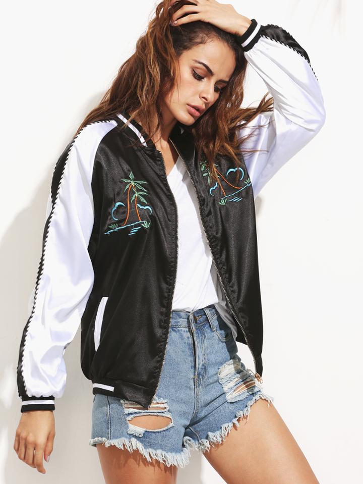Shein Black Embroidered Raglan Sleeve Satin Baseball Jacket