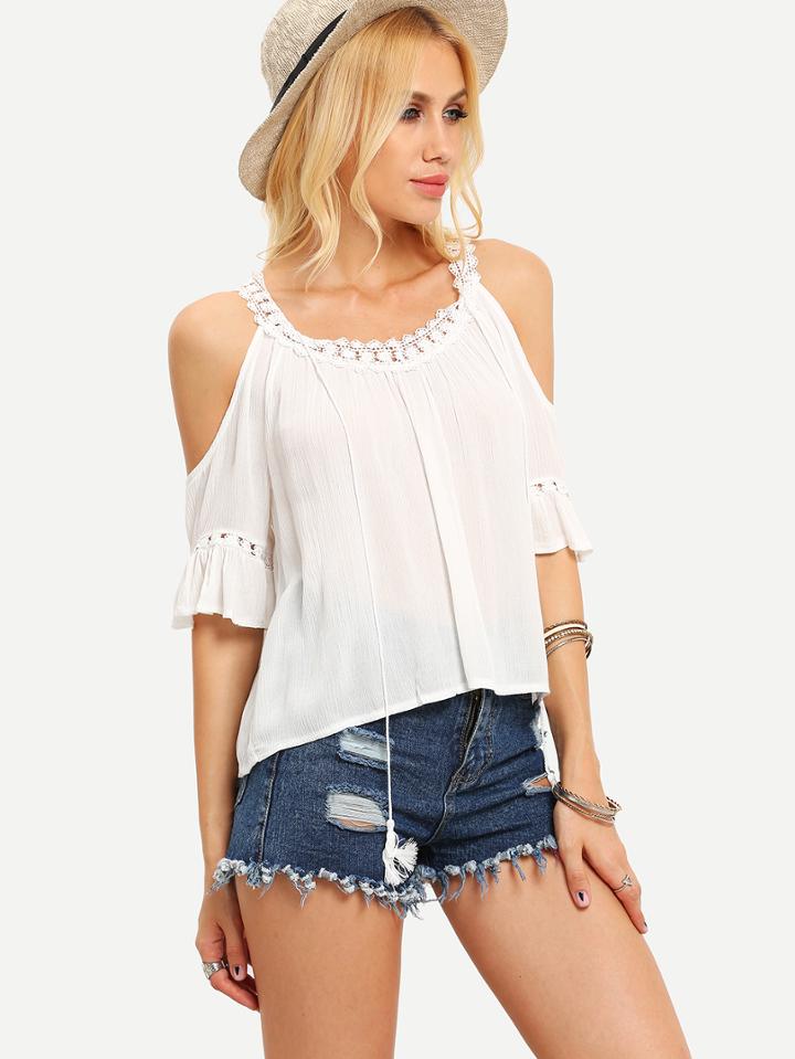 Shein Open Shoulder Lace Insert Blouse